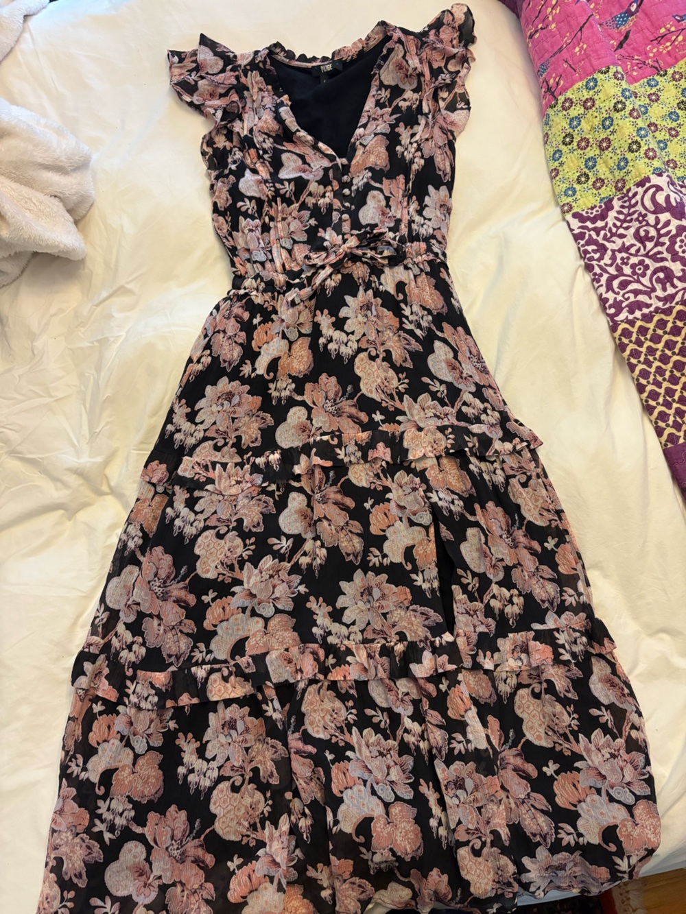 PAIGE Silk Black Dress with Floral Contrast